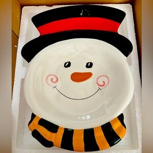 2005 Home And Garden Party Stoneware Snowman Plate Platter, Candy Cookie Dish